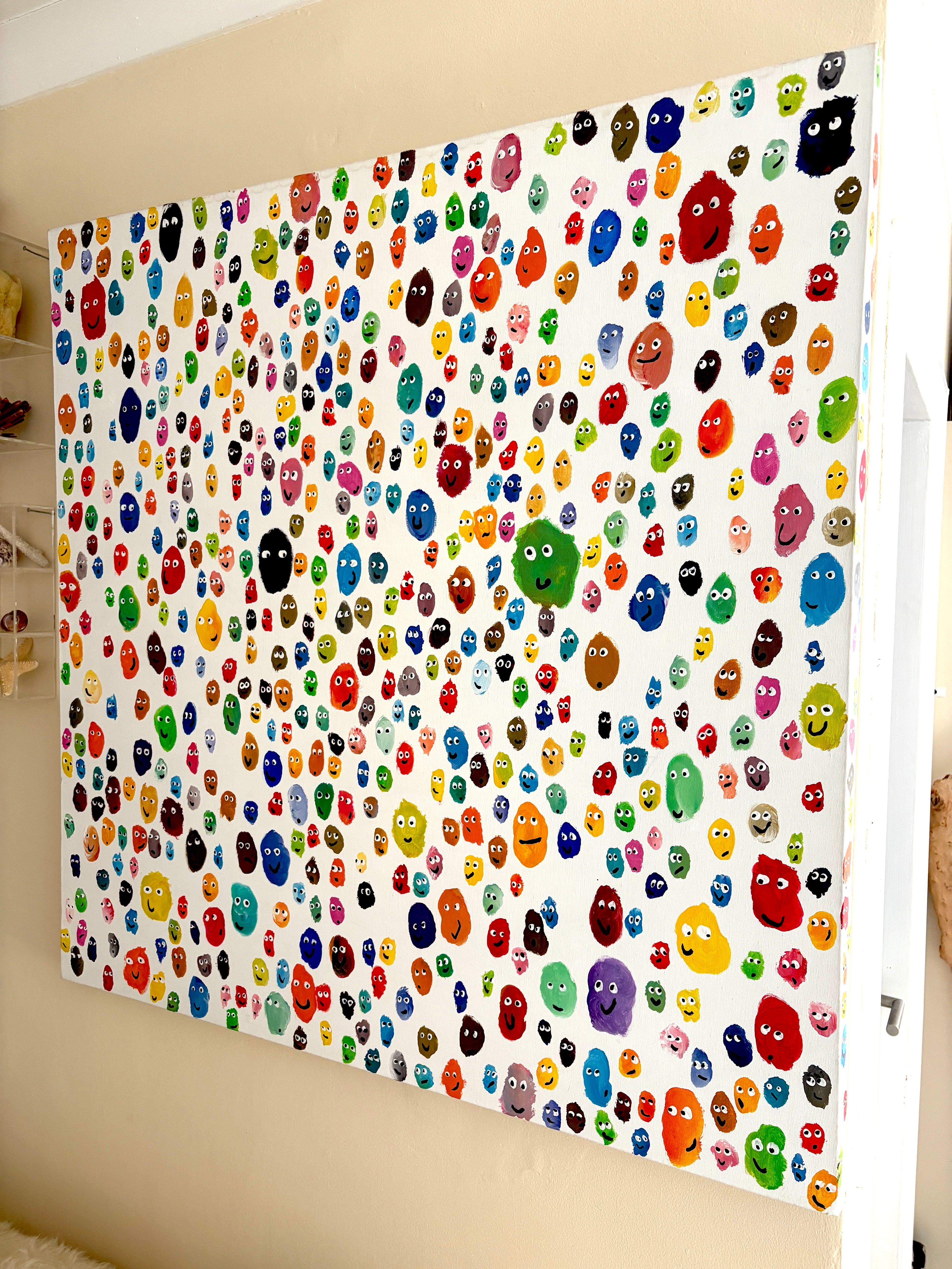 Ode to Joy! - multicoloured smiling faces, Large chunky original Acrylic painting 102 x 102 x 4cm