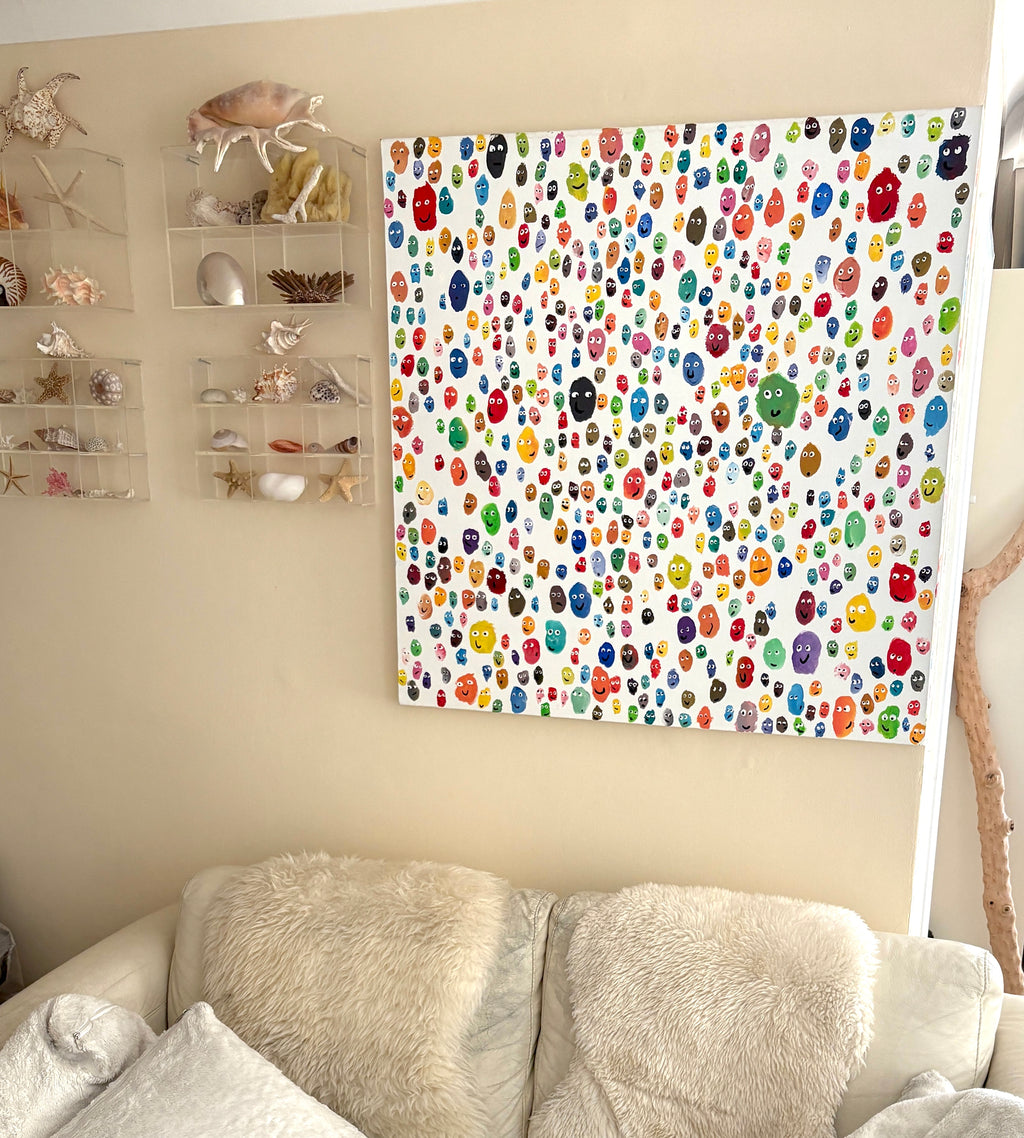 Ode to Joy! - multicoloured smiling faces, Large chunky original Acrylic painting 102 x 102 x 4cm