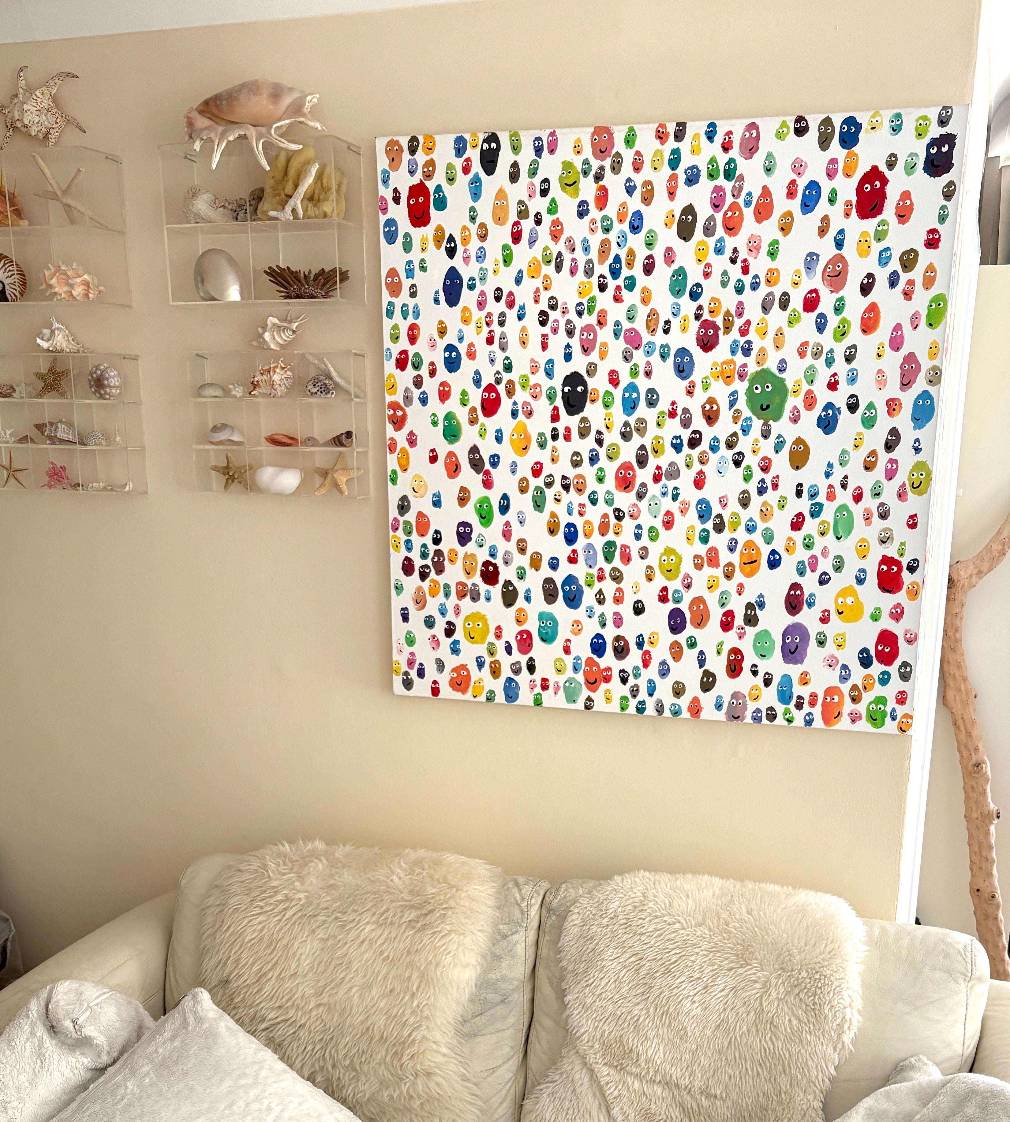 Ode to Joy! - multicoloured smiling faces, Large chunky original Acrylic painting 102 x 102 x 4cm