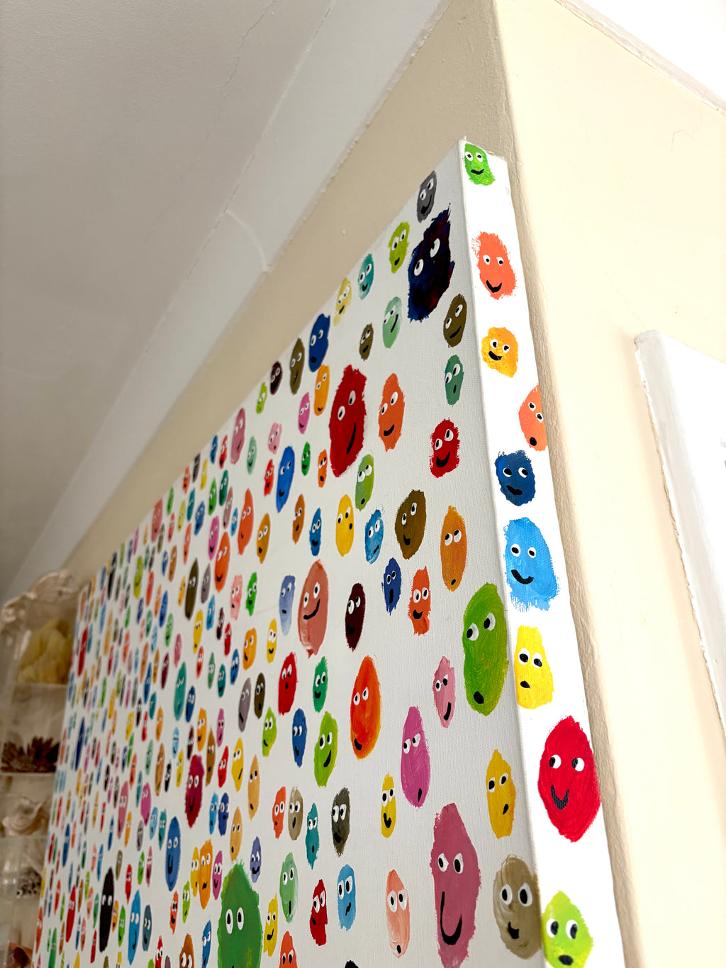 Ode to Joy! - multicoloured smiling faces, Large chunky original Acrylic painting 102 x 102 x 4cm