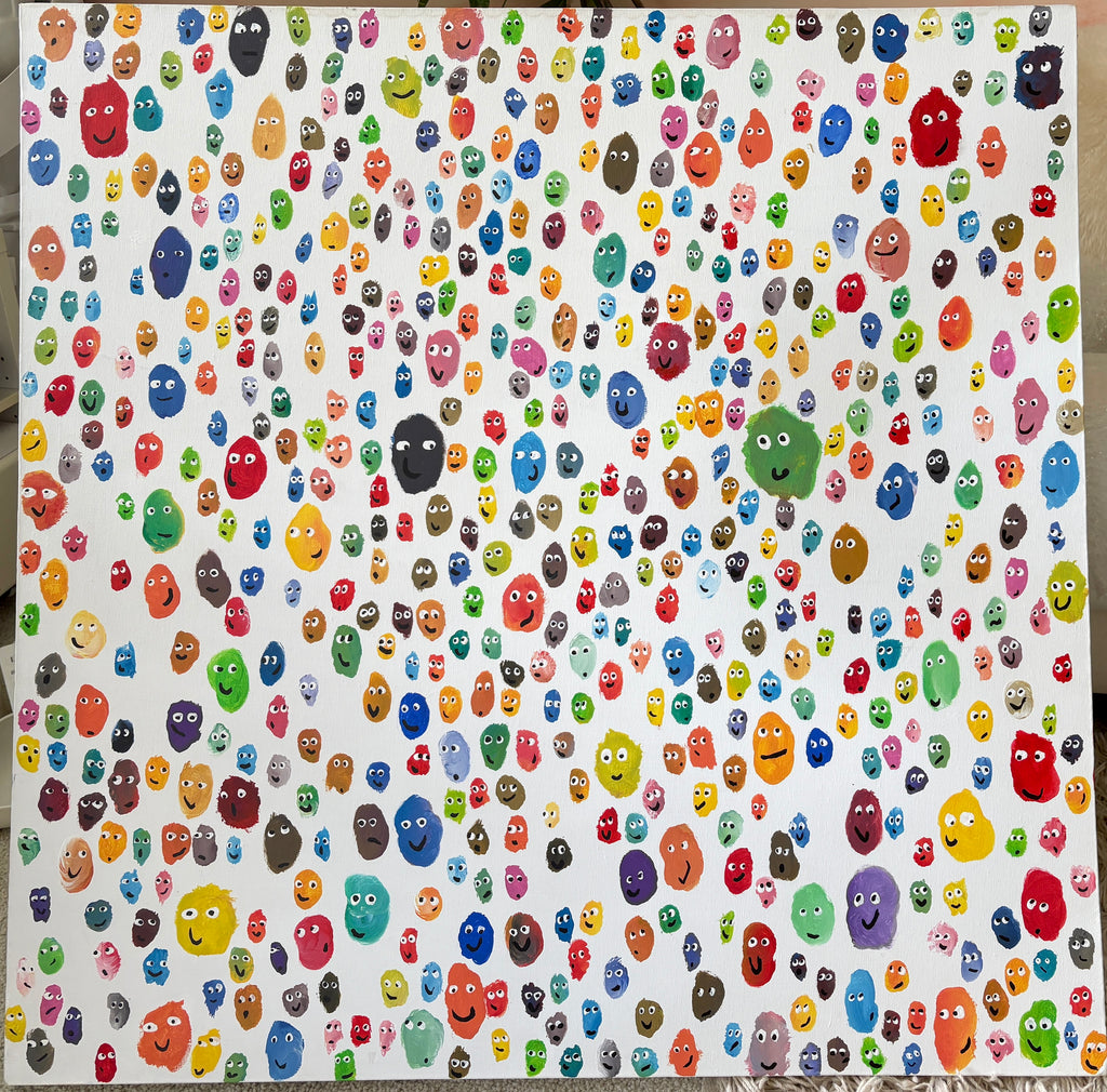 Ode to Joy! - multicoloured smiling faces, Large chunky original Acrylic painting 102 x 102 x 4cm