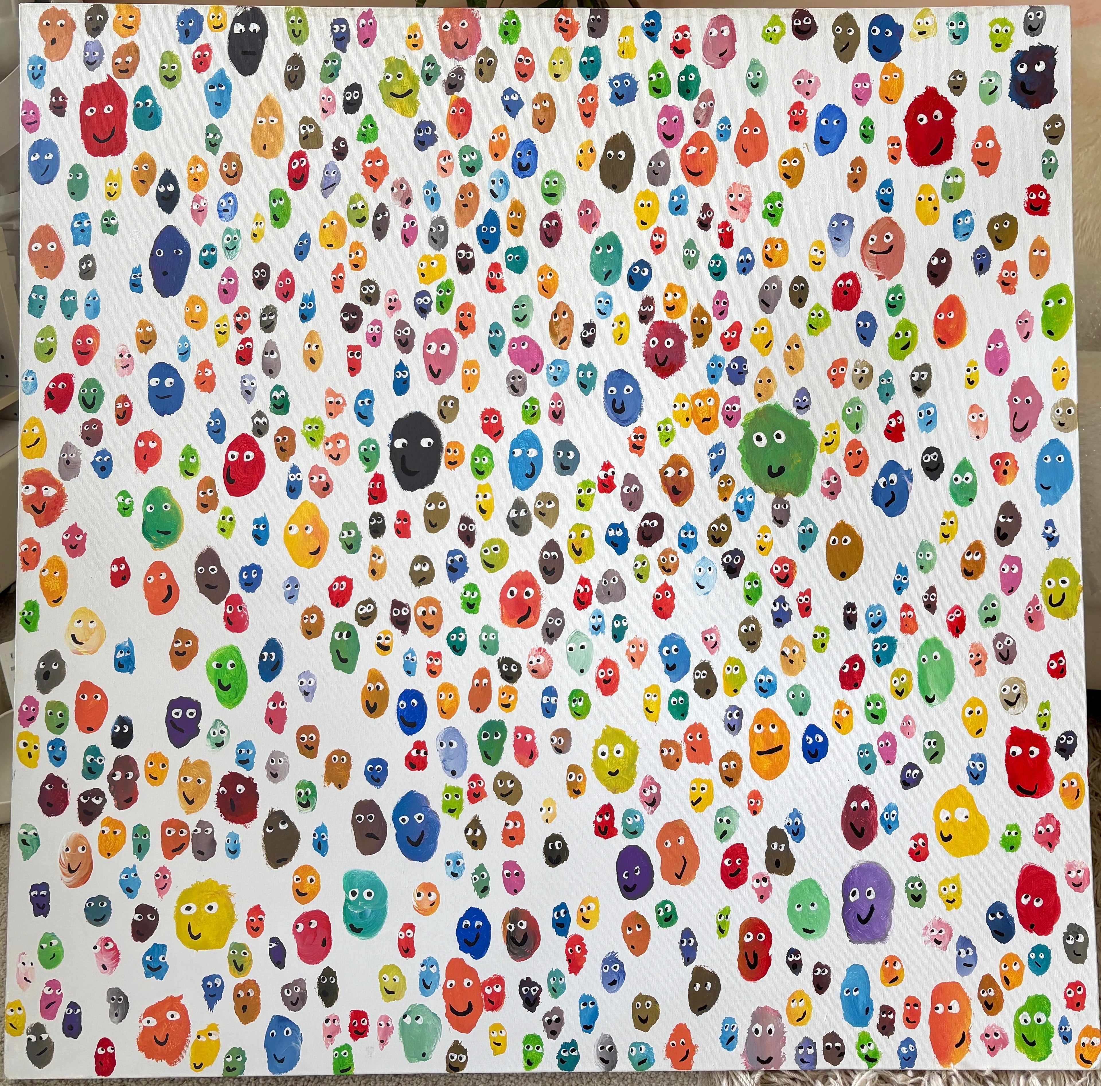 Ode to Joy! - multicoloured smiling faces, Large chunky original Acrylic painting 102 x 102 x 4cm