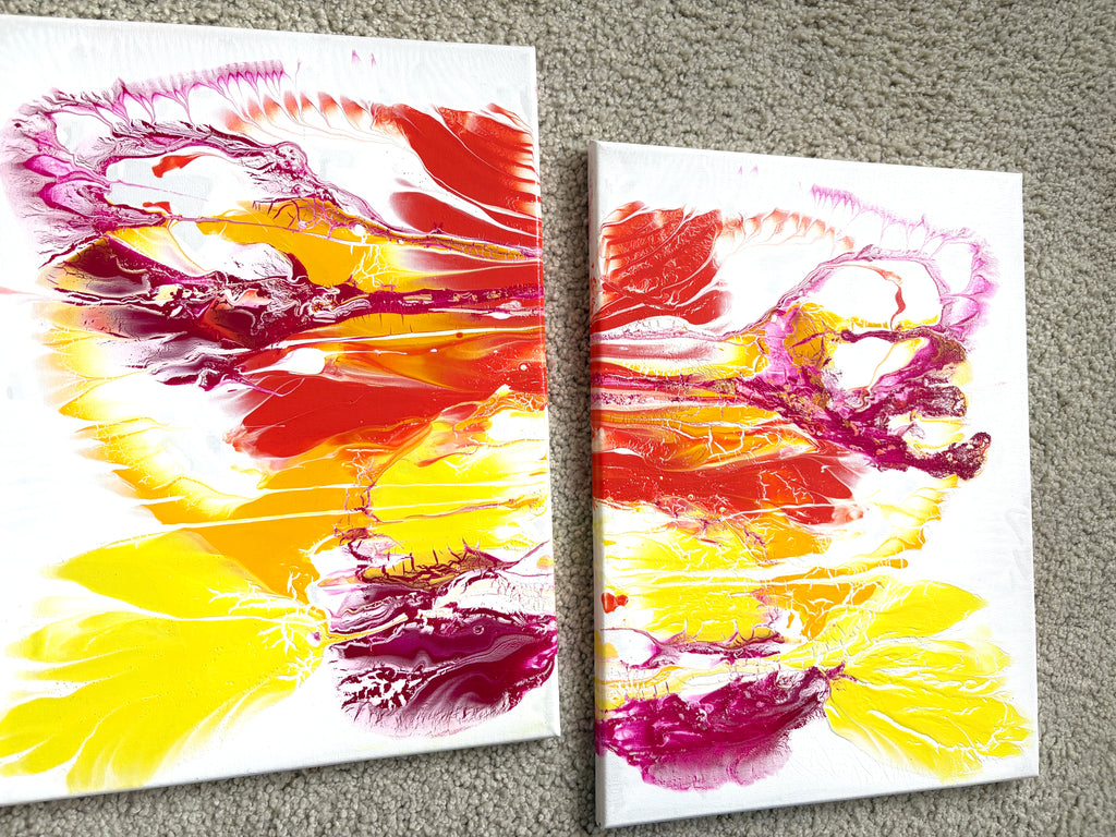 Glorious swirling warm colours - a pair of original Acrylic Abstract paintings 40 x 30 cm