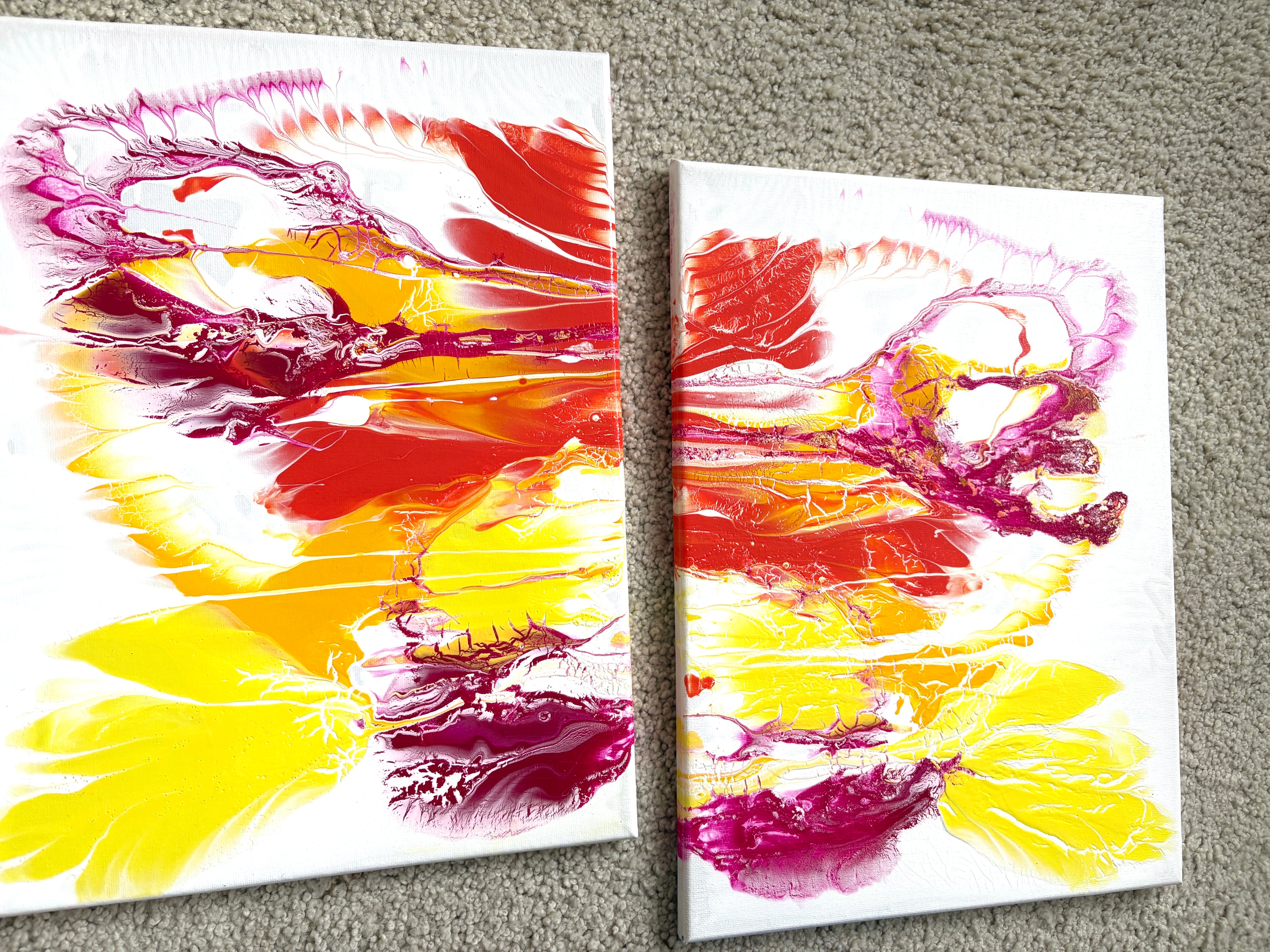 Glorious swirling warm colours - a pair of original Acrylic Abstract paintings 40 x 30 cm