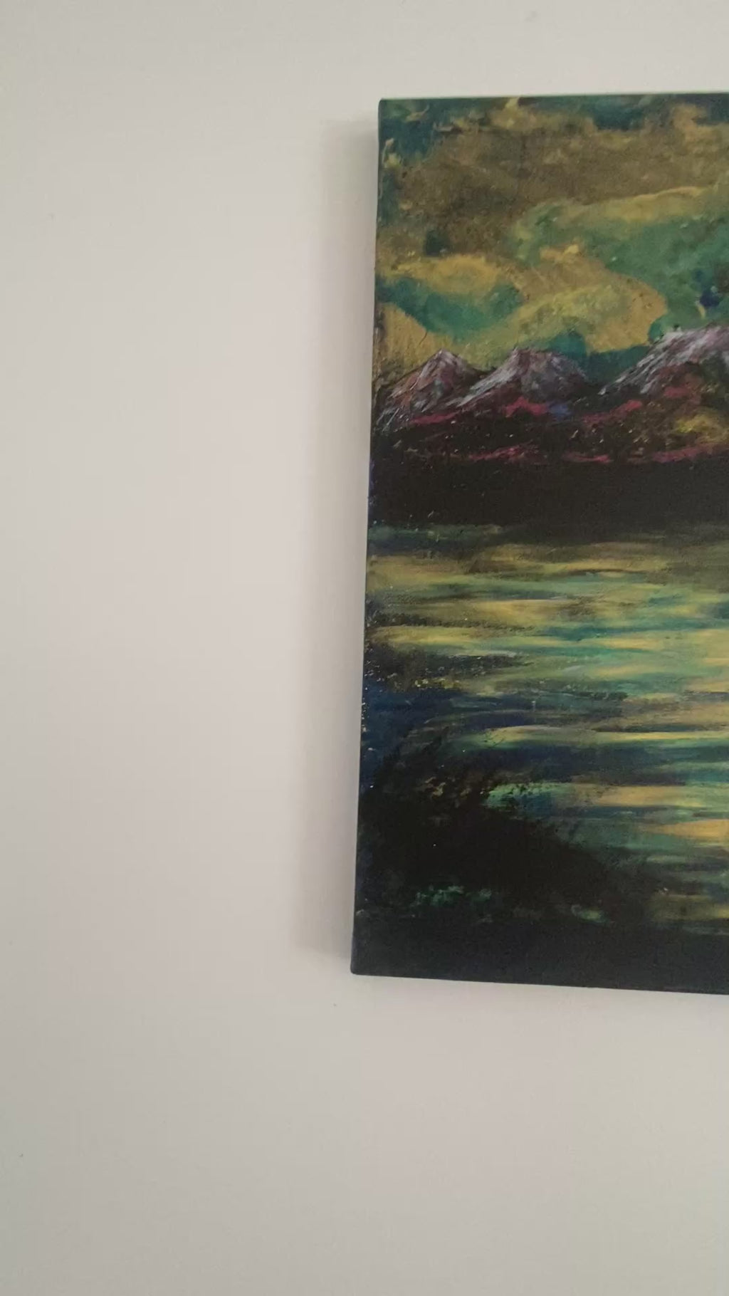 Water’s Memory of Sky - Original Acrylic Painting, gold and blue sunset over mountains
