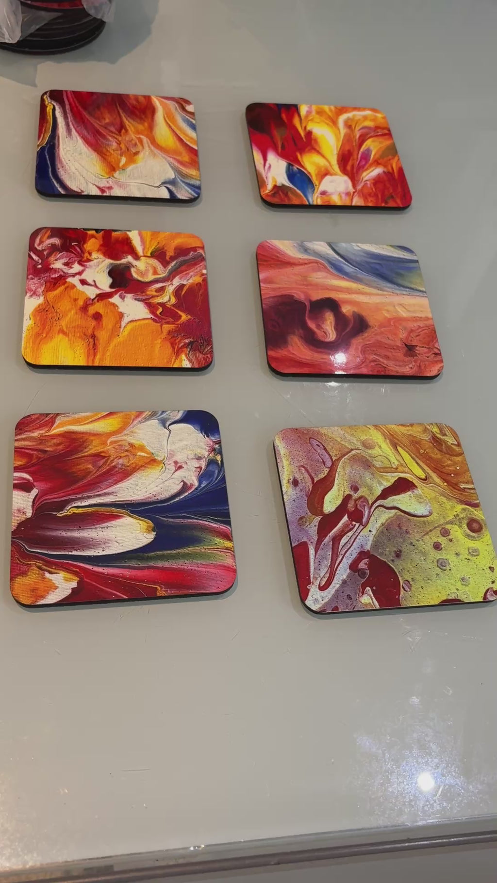 Set C of 6 Bright original design abstract Art square drink coasters 10cm