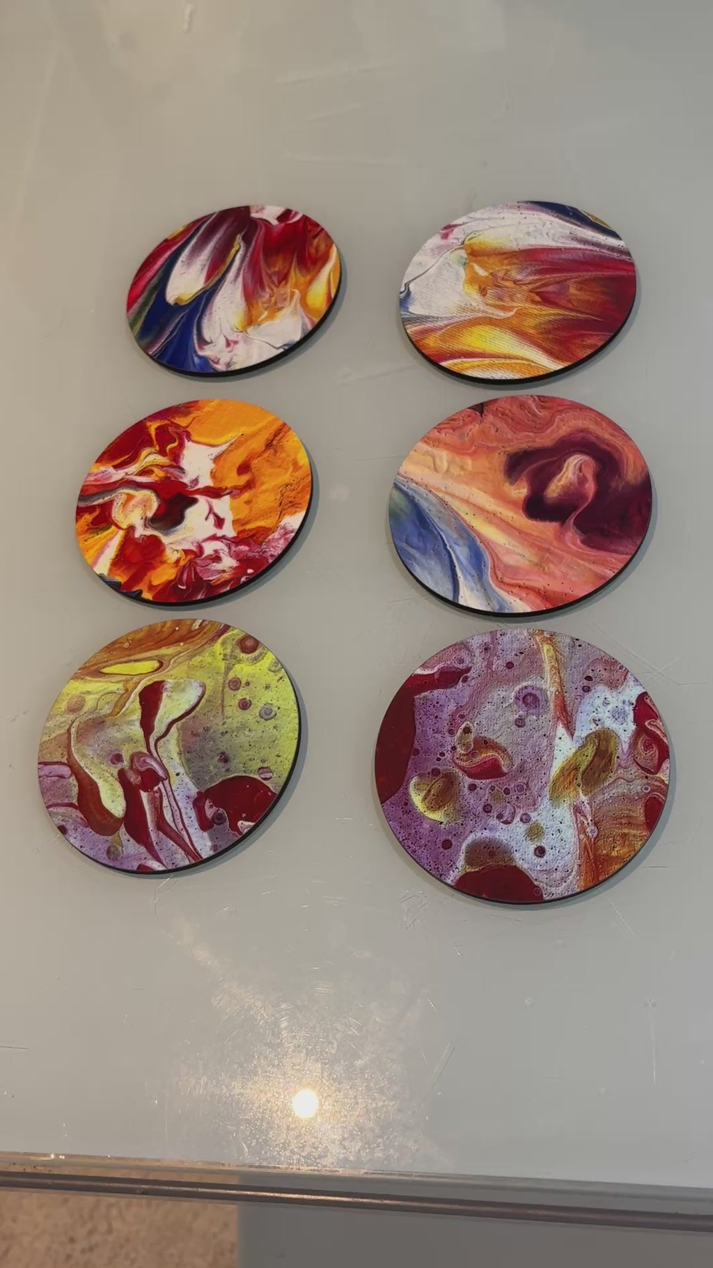 Set A of 6 Bright original design abstract Art drink coasters 10cm