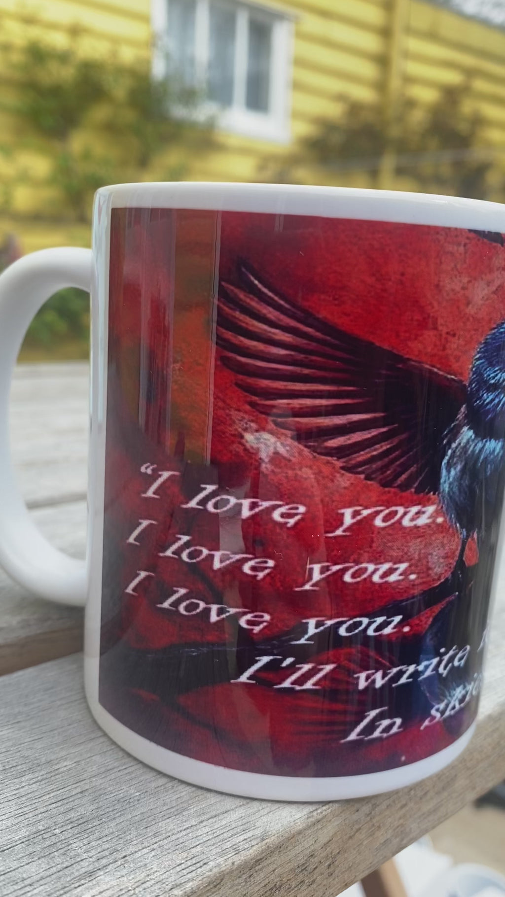 This is How You Lose the Time War inspired printed mug, from original art work, striking red-and-blue bird illustration, quote