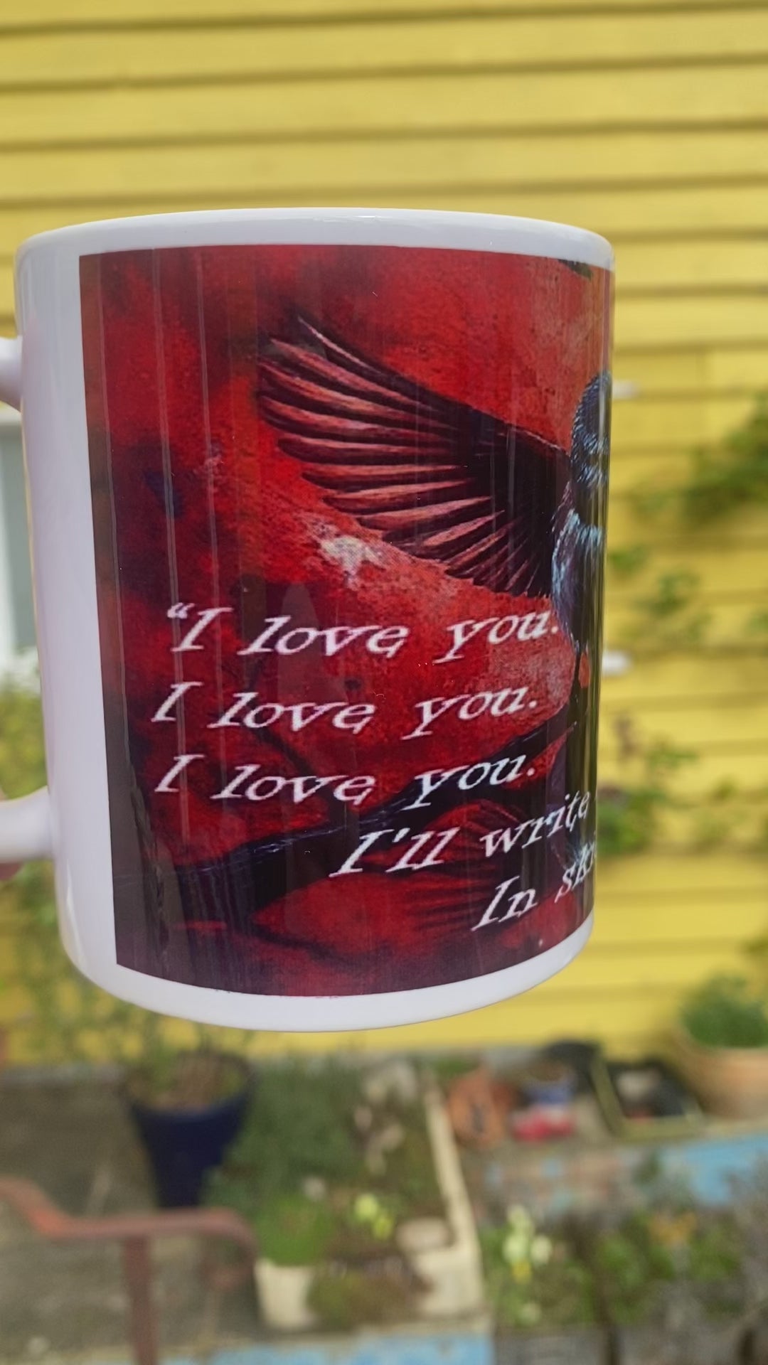This is How You Lose the Time War inspired printed mug, from original art work, striking red-and-blue bird illustration, quote